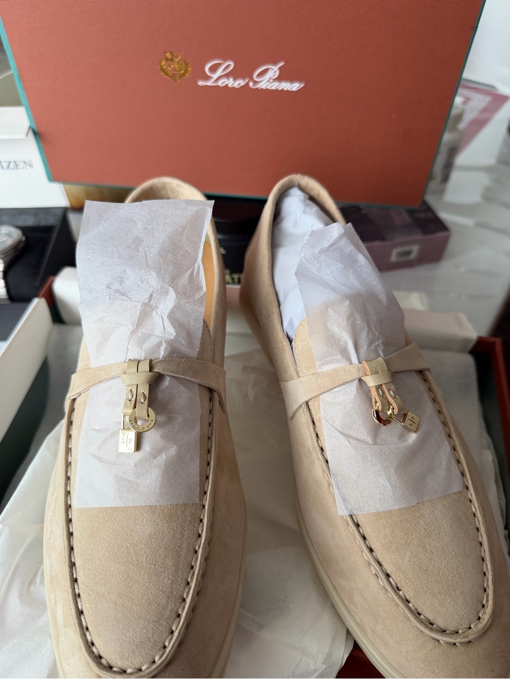 Salvatore Ferragamo Beige Suede Tassel Loafers with Gold Hardware